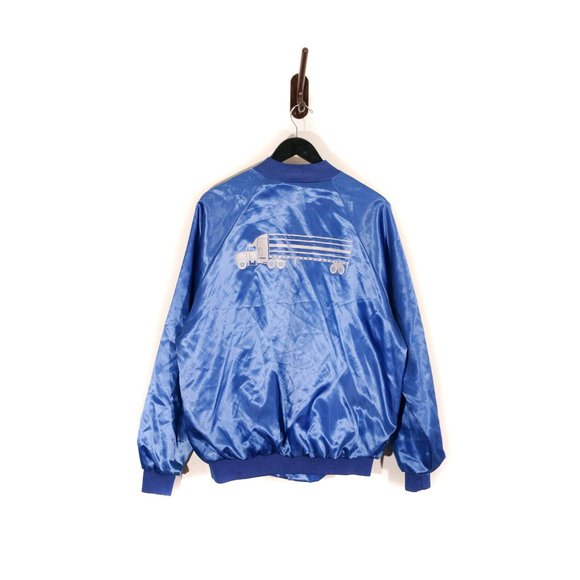 American Vintage Other - Vintage 80s Trucker Satin Bomber Style Jacket Snap Cardinal USA Reflective Blue